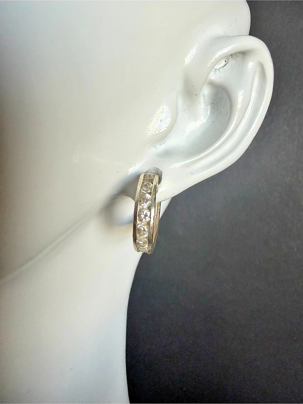 Vintage Silver Clear Rhinestone Hoop Earrings Hinged Latch Back Pierced